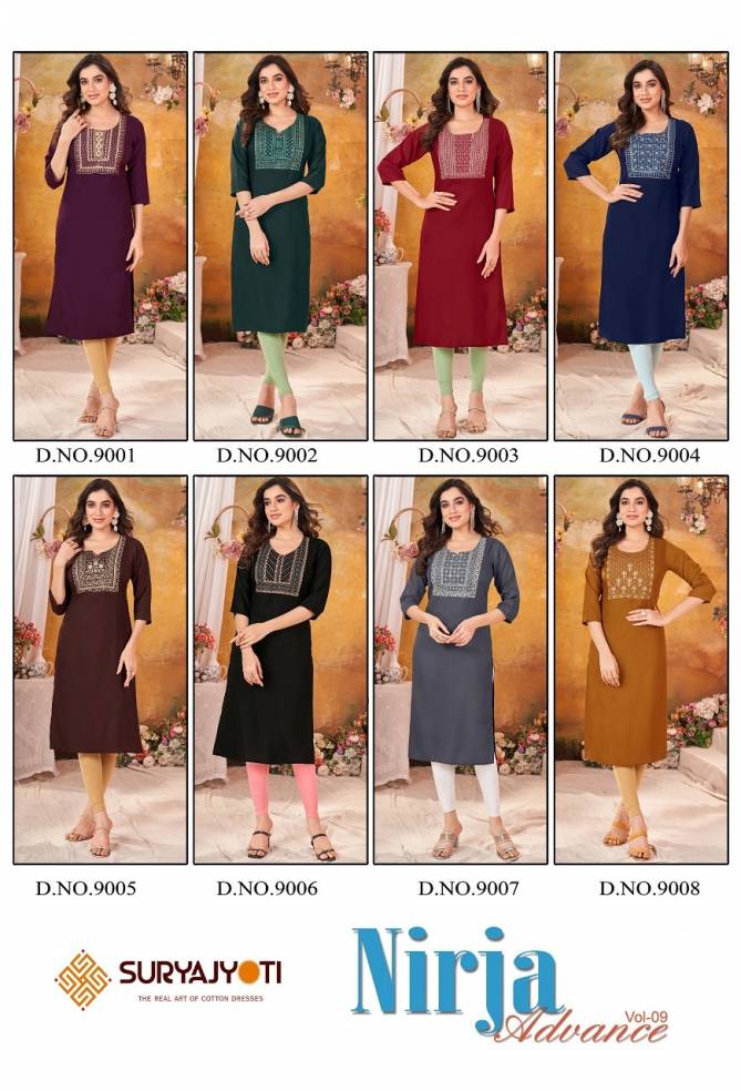 Nirja Advance Vol 9 By Suryajyoti Straight Cut Rayon Embroidery Kurtis Wholesalers In Delhi